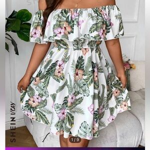 SHEIN VCAY Plus Tropical Print Off Shoulder Ruffle Trim Dress